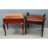 Two mahogany framed piano stools, each with hinged upholstered seat