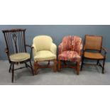 Two mahogany framed armchairs with carved fronts and crinoline cross stretchers and a similar