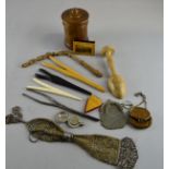 Collection of glove stretchers, treen tobacco jar and other items,