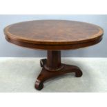 19th century style burr walnut circular breakfast table on octagonal column support to trefoil base,