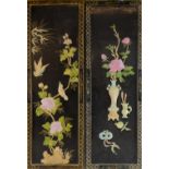 Two Chinese lacquered and hardstone overlaid panels, the first decorated with birds in a flowering