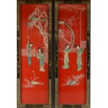 Pair of Chinese lacquered and hardstone overlaid panels, the red ground with figures in a court