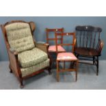 Early 20th century Walnut framed and caned armchair, oak spindle back armchair and two other chairs