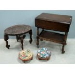 Hardwood carved oval occasional table on elephant supports, oak trolley and two tapestry topped