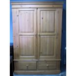 Pine wardrobe227cm x 140cm x 59cm, in good order, surface scratches throughout conducive to use.