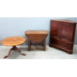 Oak corner cabinet, oak gate leg table and a low circular table on tripod legs