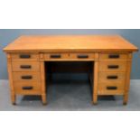 1920s oak kneehole desk of nine drawers77cm x 160cm x 91cm, kneehole - 61cm x 60cm