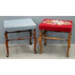 Two fruit wood stools one with floral tapestry cover and other with blue cover