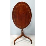 19th century mahogany oval tilt top table with painted marquetry decoration, on turned column to