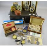 Small collection of watches costume jewellery coins and other items in a grey safe box