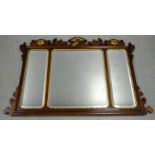 19th century mahogany triple overmantel mirror with fret frame carving and gilt decoration, 85cm x