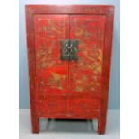 19th century Chinese red lacquered two door cabinet, 158cm x 96cm