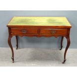 Walnut green leather topped two drawer side table on cabriole legs