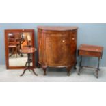 Walnut demi lune cabinet, wine table, single drawer occasional table and a mirrorDemi lune cabinet -