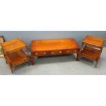 Campaign style coffee table and a pair of two tier occasional tables