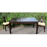 Oriental hardwood dining suite comprising extending dining table with additional leaf, sideboard