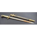 Victorian Naval officer`s short sword with 45.5cm etched blade, lions head pommel and wire bound