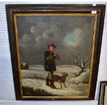 Oil on canvas, winter landscape, woodcutter with dog.75cm x 64cm
