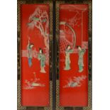 Pair of Chinese lacquered and hardstone overlaid panels, the red ground with figures in a court