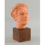 Terracotta study of a male head in Classical manner, on carved wooden base, signed 'Ellis', 25cm