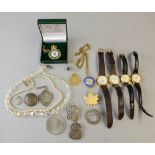 Buhler enamel cased watch,  silver tennis and ARP, Land girls Army  badges, other watches and