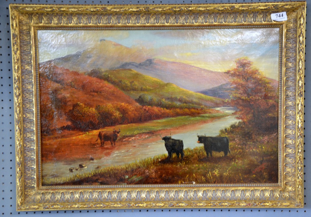 G.W.James - cattle by stream in landscape scene, oil on canvas, dated 1915, in gilt frame