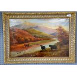 G.W.James - cattle by stream in landscape scene, oil on canvas, dated 1915, in gilt frame