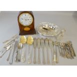 Small silver and silver plated items including cutlery together with a mahogany mantel clock,