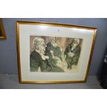 A 20th C. print of judges indistinctly signed in pencil and two other prints.