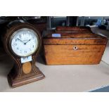 19th century walnut tea caddy and a mahogany balloon mantel clock,