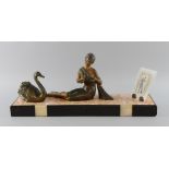 Art Deco figure group. girl and a swan on a marble base, 25.5cm, base 57.5cm x 16cm,