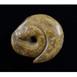 Chinese carved brown hardstone snake, 4cm wide,Wear and probable losses.