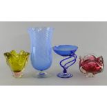 blue pedestal vase, 18cm high  a blue glass vase 17cm high   and two coloured glass vases