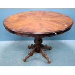 Walnut shaped dining table with transfer marquetry inlay, 75cm x diameter 120cm