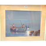 20th century oil on board of two figures in a boat approaching rocky shore, indistinctly signed,