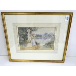 G H Edwards (1859-1918) - signed, framed watercolour depicting Victorian picnic scene with two women