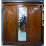 Mahogany triple wardrobe, with central mirrored door, 210cm x 195cm x 63cm