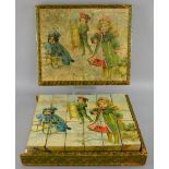 Set of early Victorian children's picture blocks, depicting six different scenes, in fitted box,