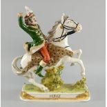 Dresden figure of a military officer in green jacket riding a horse, titled 'Murat'.  29cm high.