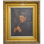 19th century oil on canvas of a young boy playing a flute, unsigned, in gilt frame