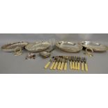 Pair of silver plated oval entree dishes, covers and detachable handles, some plated fish eaters and