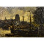 Dutch School, oil on canvas 'Moored up Barges' with church to the background signed indistinctly