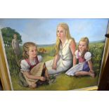 Anne Wright - portrait of a woman with twin girls, signed dated 1970,  100cm x 120cm, Provenance: