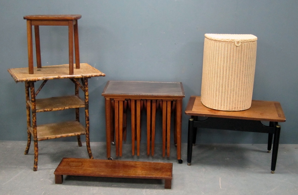 Aesthetic bamboo table, teak coffee table, nest of tables, lloyd loom bin, and two stools