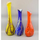 Three Murano type glass vases in yellow, orange and blue 60cm, 48 and 45cm high