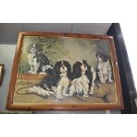Oil on board, King Charles Spaniels, three other paintings of spaniels and a drawing of cats