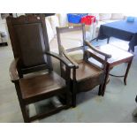 Two 18th century style stained pine chairs and a side table