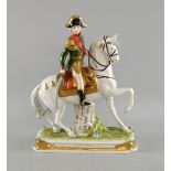 Dresden figure of a military officer in green and gilt uniform on a horse titled 'Bessieres' 29cm