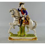 Dresden figure of a military officer in blue jacket riding on a horse, titled 'Davoust'.  28cm