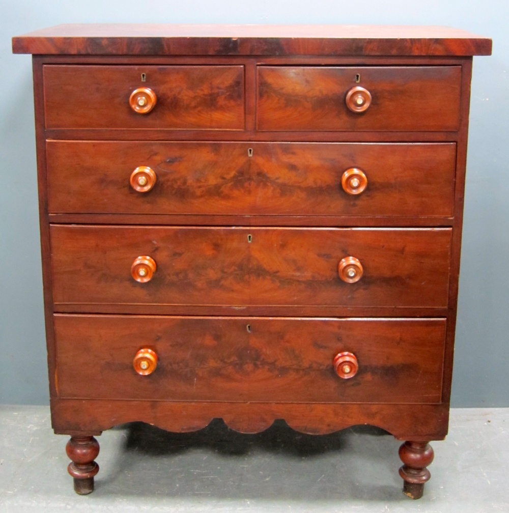 Victorian mahogany chest of two short over three long drawers on turned feet, 119cm x 107cm x 48cm